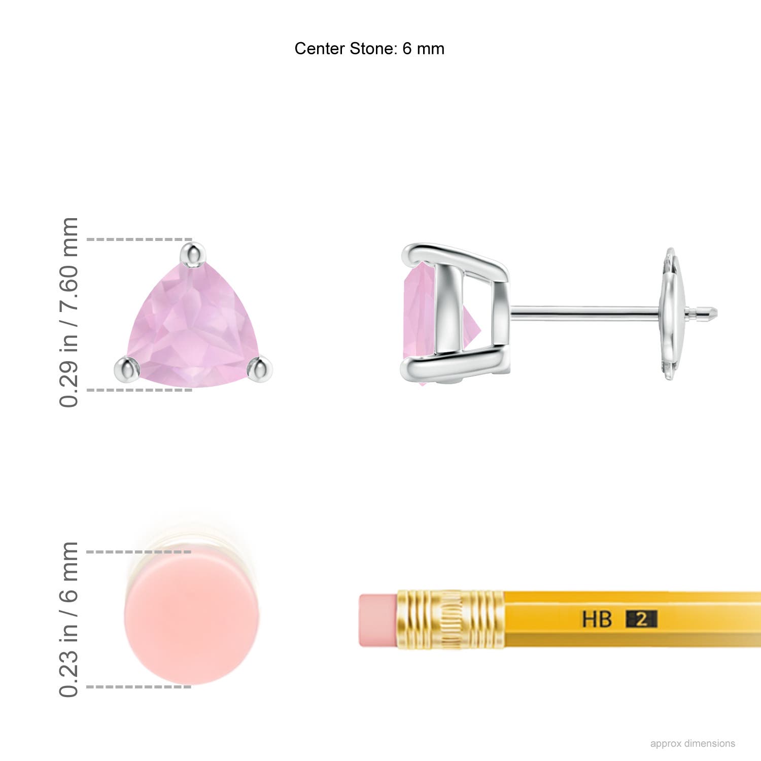 6mm AAAA Basket-Set Trillion Rose Quartz Stud Earrings in 18K White Gold - ruler