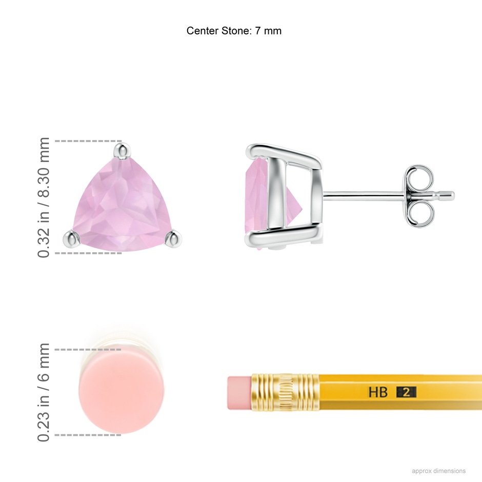 7mm AAAA Basket-Set Trillion Rose Quartz Stud Earrings in S999 Silver ruler