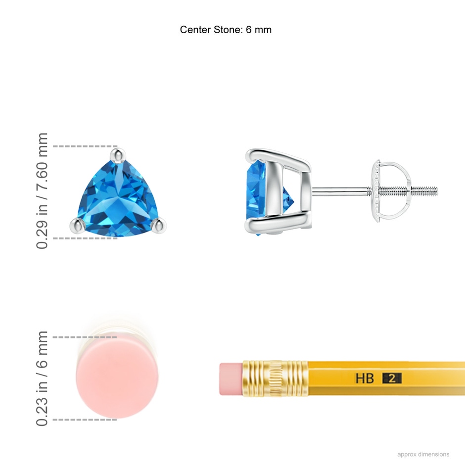 6mm AAAA Basket-Set Trillion Swiss Blue Topaz Stud Earrings in P950 Platinum ruler