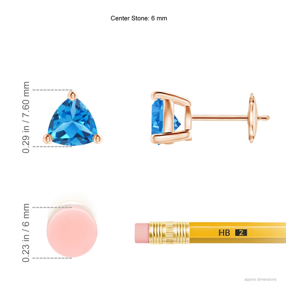 6mm AAAA Basket-Set Trillion Swiss Blue Topaz Stud Earrings in Rose Gold ruler