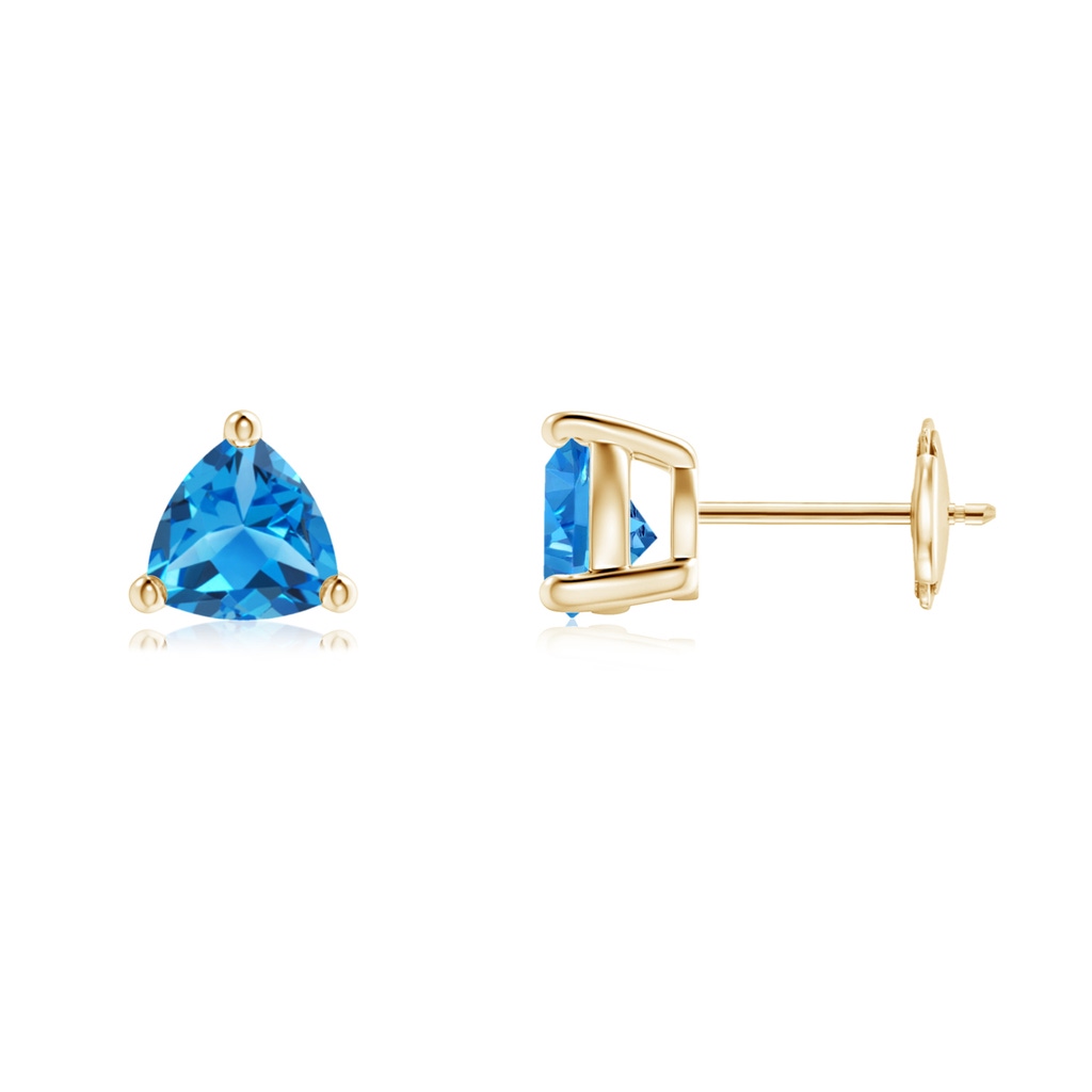 6mm AAAA Basket-Set Trillion Swiss Blue Topaz Stud Earrings in Yellow Gold