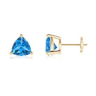 7mm AAAA Basket-Set Trillion Swiss Blue Topaz Stud Earrings in Yellow Gold