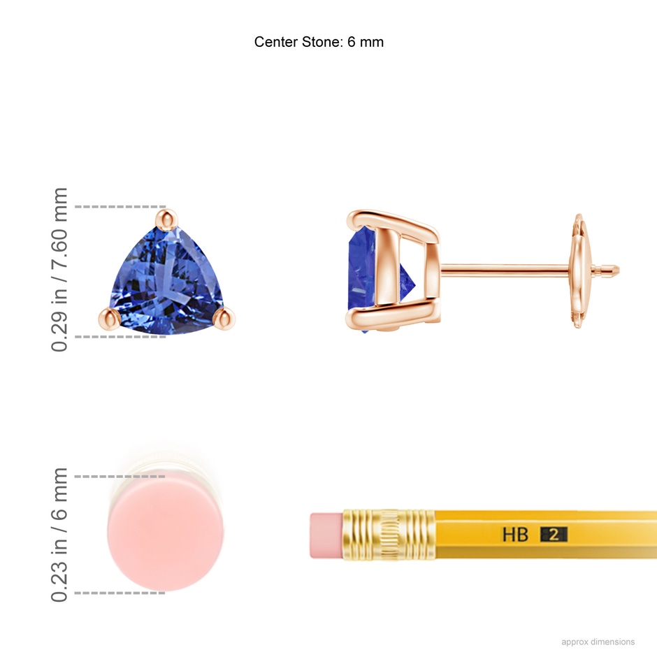 6mm AA Basket-Set Trillion Tanzanite Stud Earrings in Rose Gold ruler