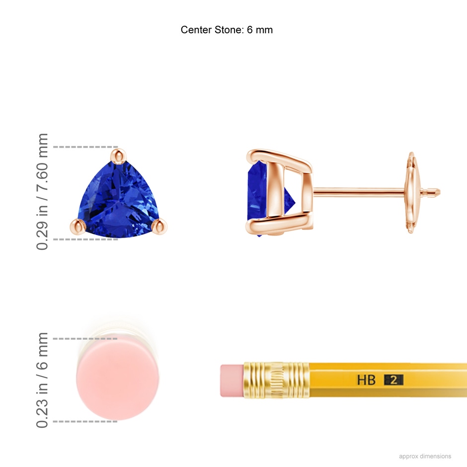 6mm AAA Basket-Set Trillion Tanzanite Stud Earrings in Rose Gold ruler