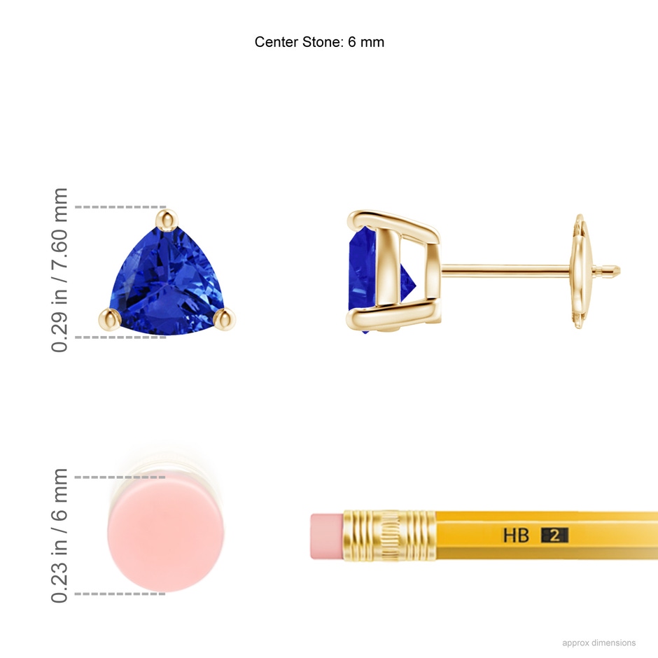 6mm AAA Basket-Set Trillion Tanzanite Stud Earrings in Yellow Gold ruler