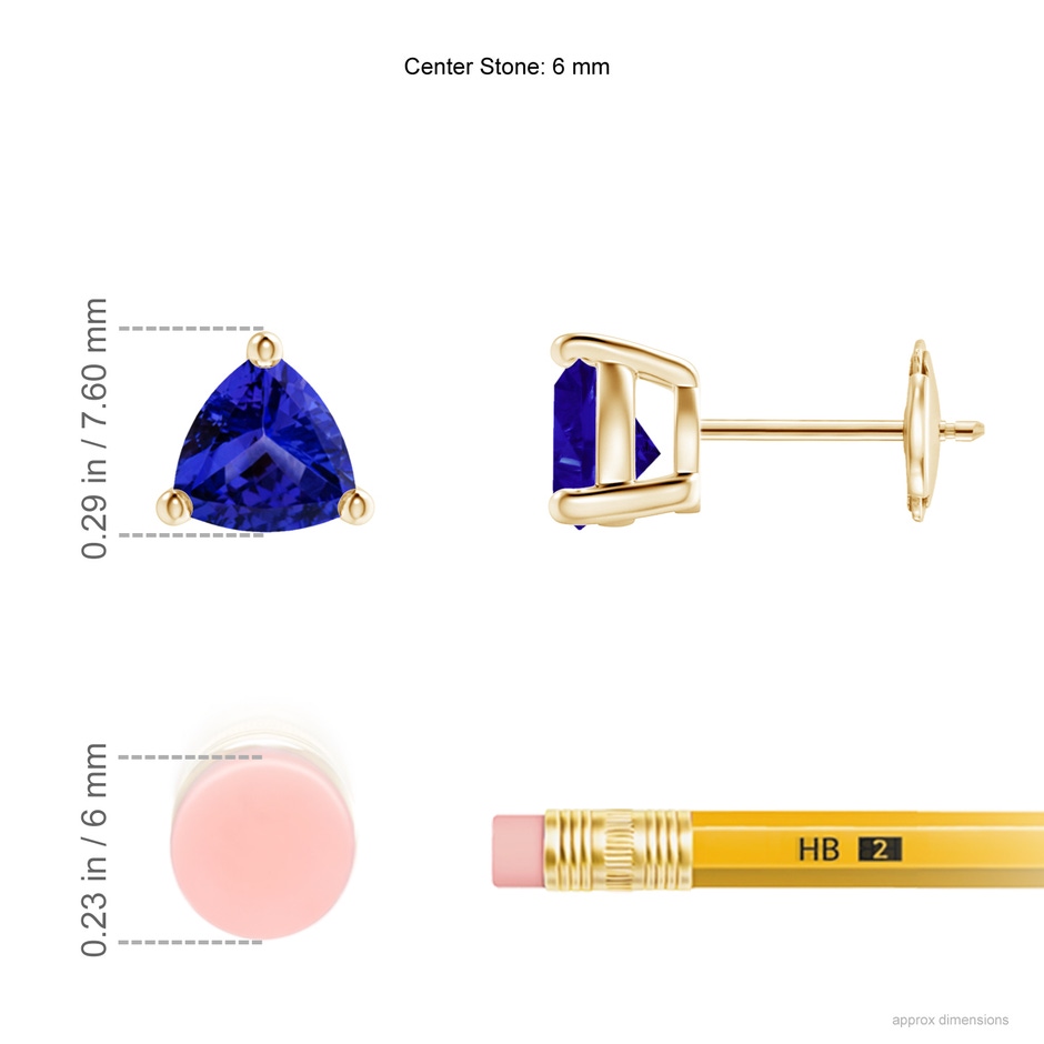 6mm AAAA Basket-Set Trillion Tanzanite Stud Earrings in Yellow Gold ruler