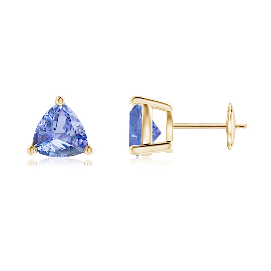 7mm A Basket-Set Trillion Tanzanite Stud Earrings in Yellow Gold 