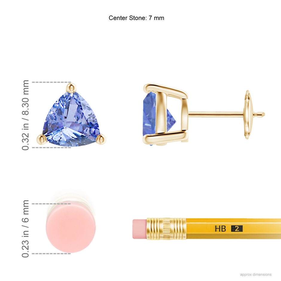 7mm A Basket-Set Trillion Tanzanite Stud Earrings in Yellow Gold ruler