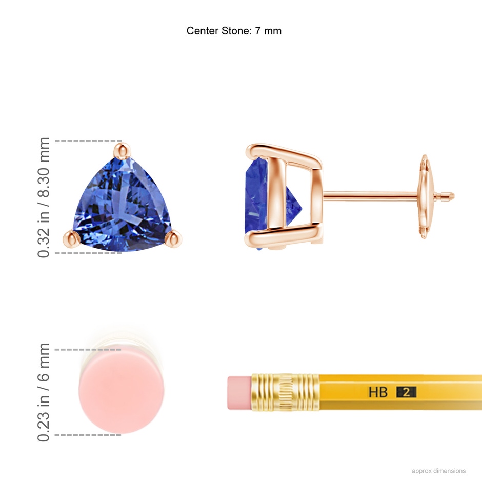 7mm AA Basket-Set Trillion Tanzanite Stud Earrings in Rose Gold ruler