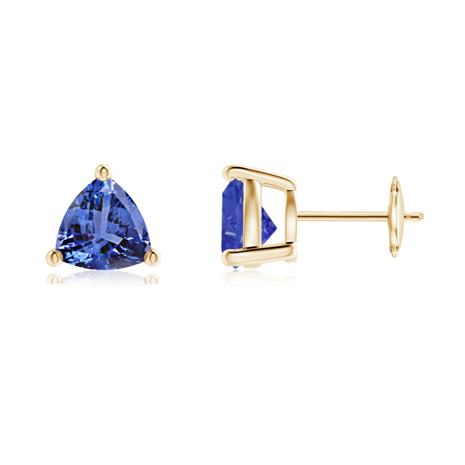7mm AA Basket-Set Trillion Tanzanite Stud Earrings in Yellow Gold 