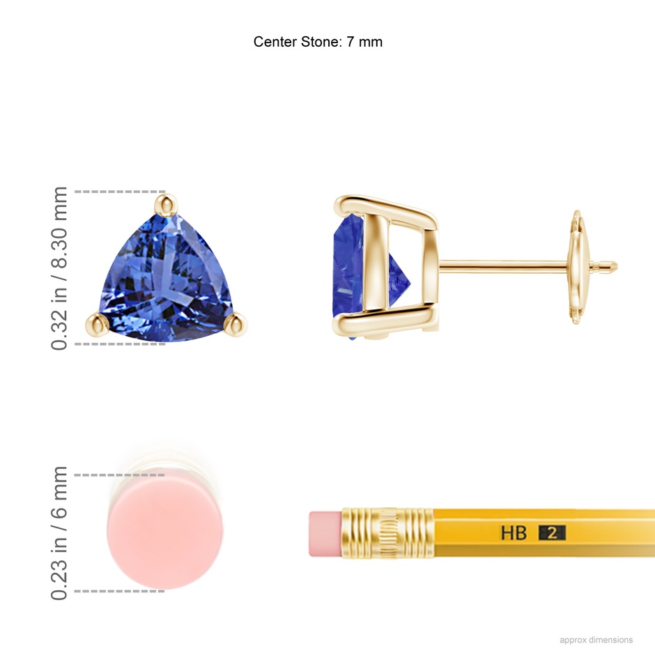 7mm AA Basket-Set Trillion Tanzanite Stud Earrings in Yellow Gold ruler