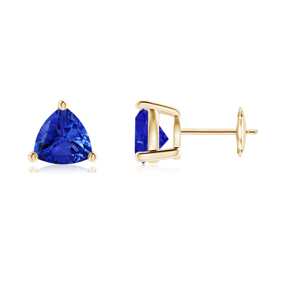 7mm AAA Basket-Set Trillion Tanzanite Stud Earrings in Yellow Gold 