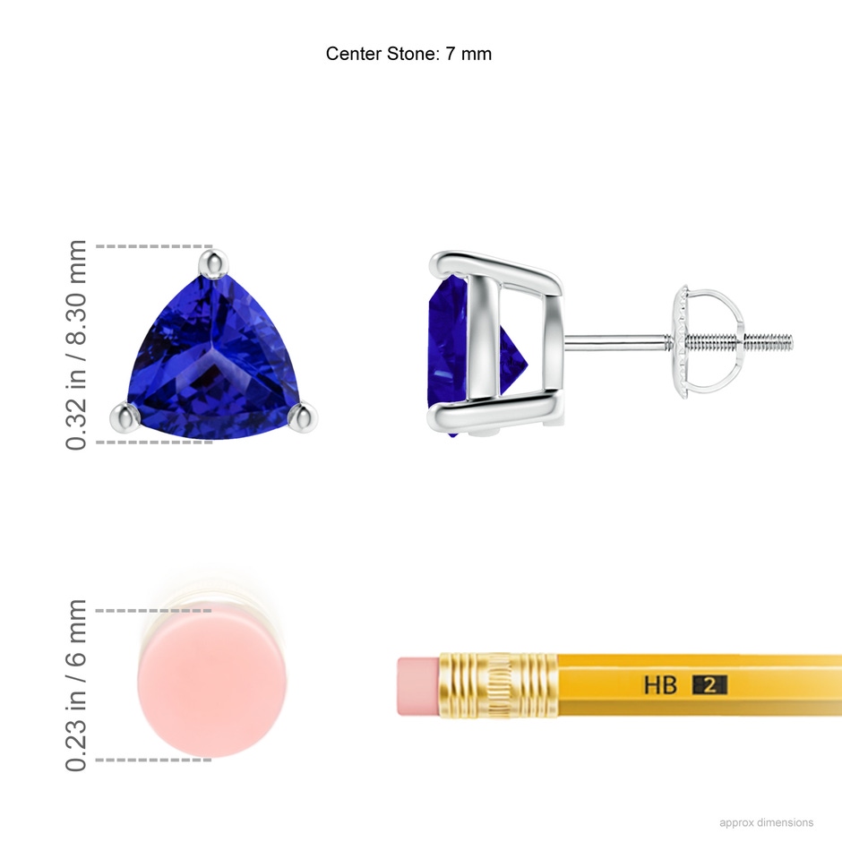7mm AAAA Basket-Set Trillion Tanzanite Stud Earrings in P950 Platinum ruler