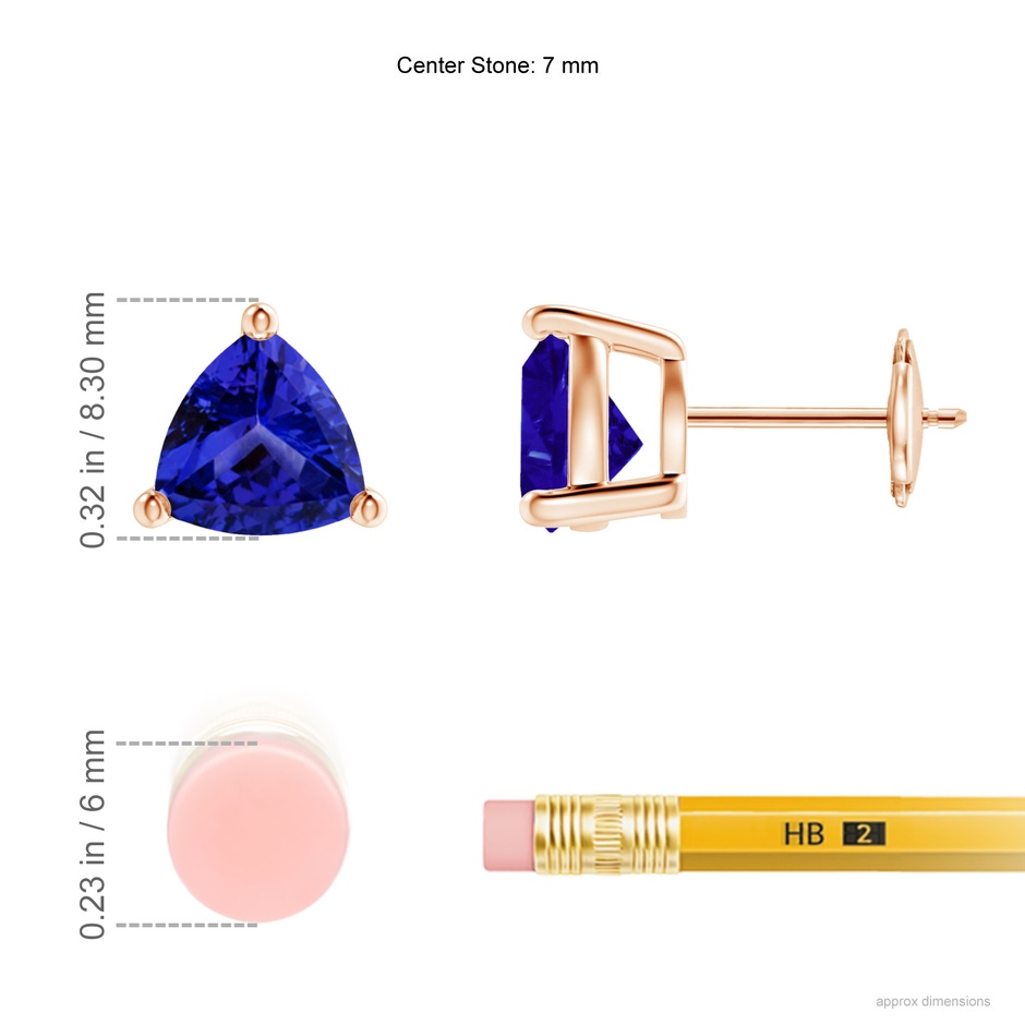 7mm AAAA Basket-Set Trillion Tanzanite Stud Earrings in Rose Gold ruler