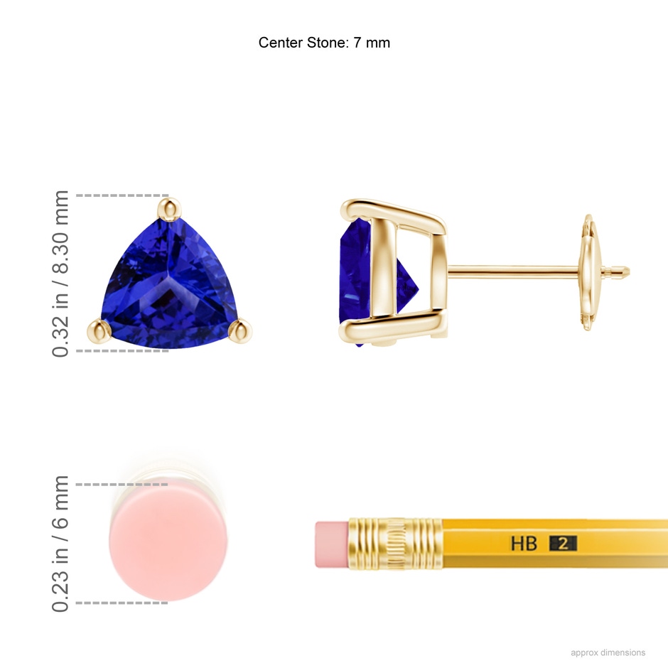 7mm AAAA Basket-Set Trillion Tanzanite Stud Earrings in Yellow Gold ruler