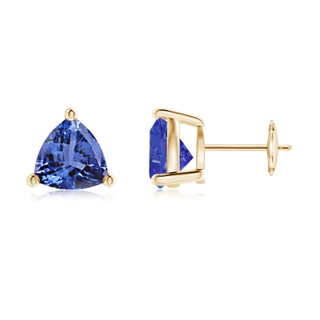 8mm AA Basket-Set Trillion Tanzanite Stud Earrings in Yellow Gold