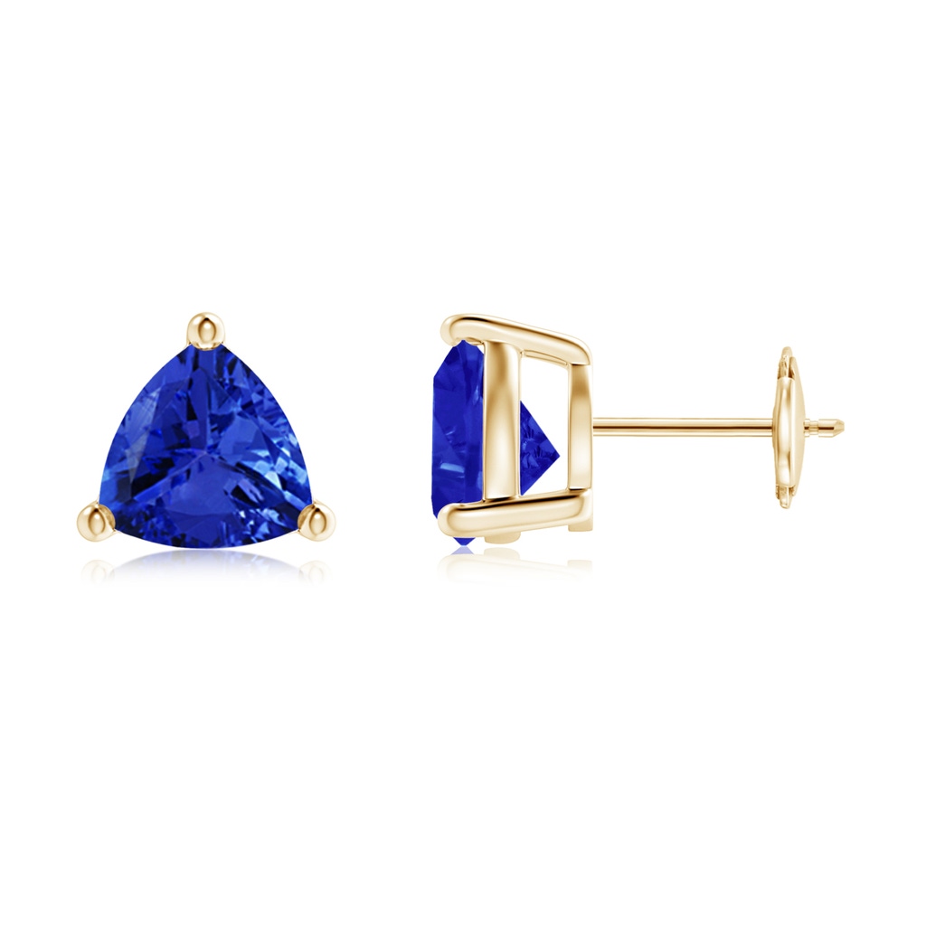 8mm AAA Basket-Set Trillion Tanzanite Stud Earrings in Yellow Gold