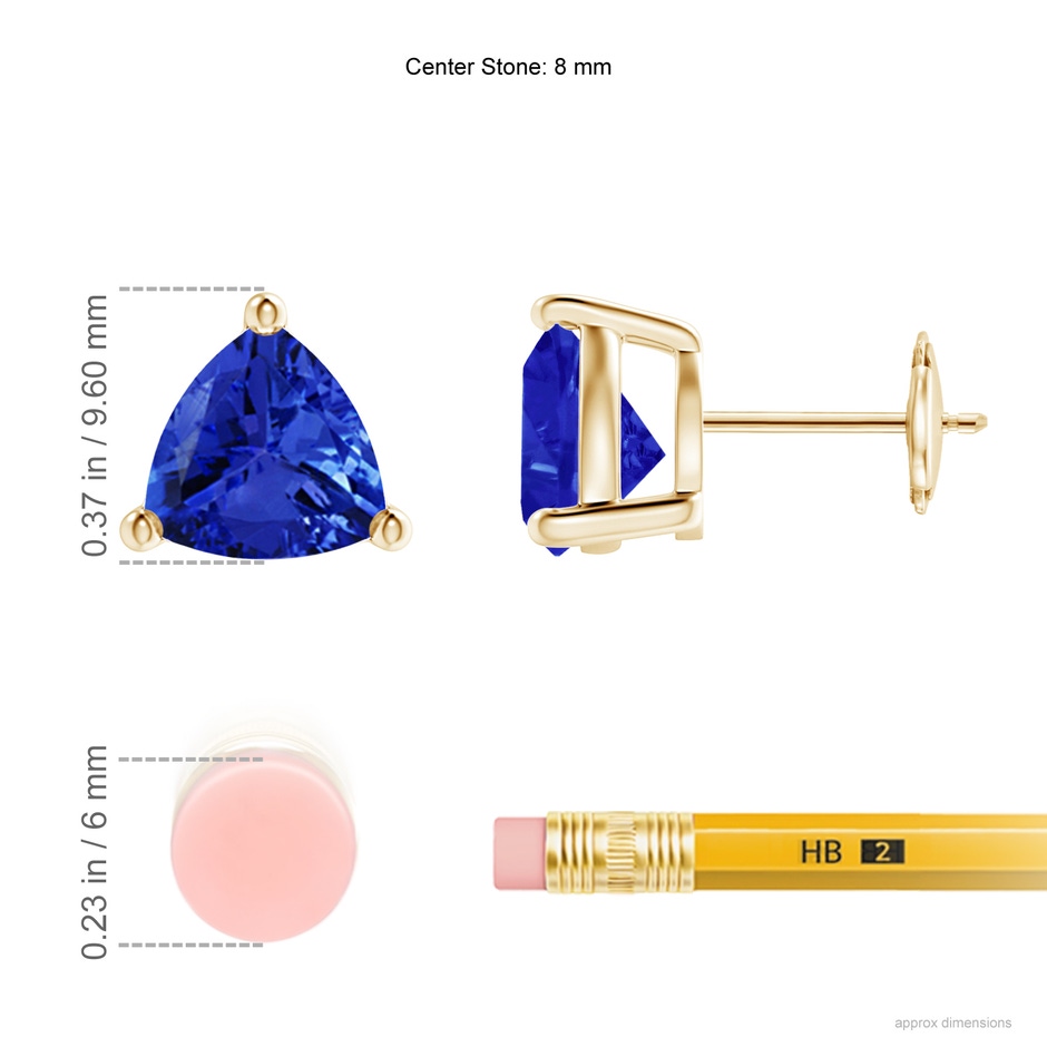 8mm AAA Basket-Set Trillion Tanzanite Stud Earrings in Yellow Gold ruler