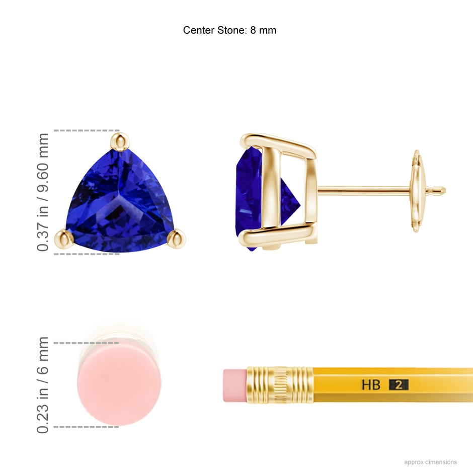 8mm AAAA Basket-Set Trillion Tanzanite Stud Earrings in 18K Yellow Gold ruler