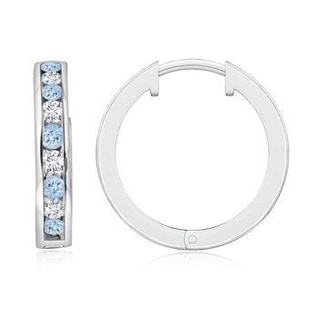 2mm AA Channel-Set Aquamarine and Diamond Hinged Hoop Earrings in White Gold 