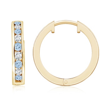 2mm AA Channel-Set Aquamarine and Diamond Hinged Hoop Earrings in Yellow Gold 
