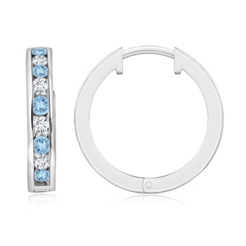 2mm AAA Channel-Set Aquamarine and Diamond Hinged Hoop Earrings in White Gold 