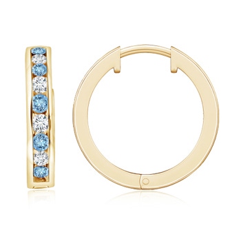 2mm AAAA Channel-Set Aquamarine and Diamond Hinged Hoop Earrings in Yellow Gold 