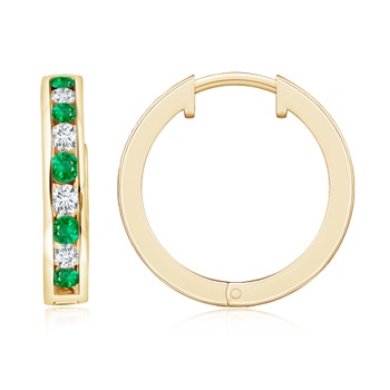 2mm AAA Channel-Set Emerald and Diamond Hinged Hoop Earrings in Yellow Gold