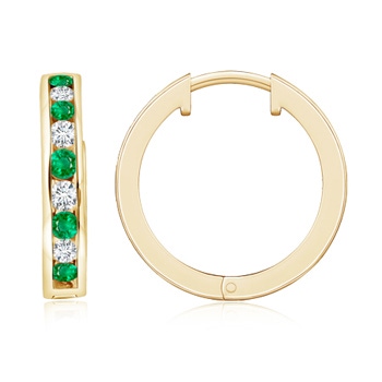 2mm AAA Channel-Set Emerald and Diamond Hinged Hoop Earrings in Yellow Gold 