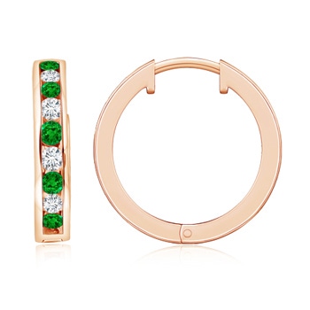 2mm AAAA Channel-Set Emerald and Diamond Hinged Hoop Earrings in Rose Gold