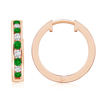 2mm Lab-Grown Channel-Set Emerald and Diamond Hinged Hoop Earrings in Rose Gold 