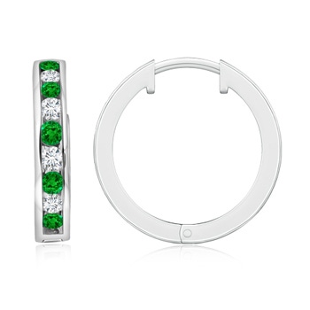 2mm AAAA Channel-Set Emerald and Diamond Hinged Hoop Earrings in White Gold