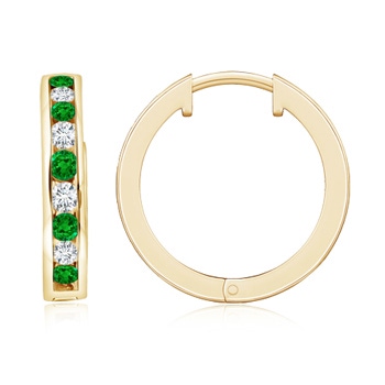 2mm AAAA Channel-Set Emerald and Diamond Hinged Hoop Earrings in Yellow Gold