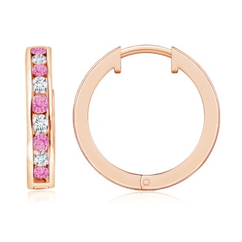 2mm A Channel-Set Pink Sapphire and Diamond Hinged Hoop Earrings in Rose Gold 