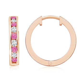 2mm AA Channel-Set Pink Sapphire and Diamond Hinged Hoop Earrings in Rose Gold 