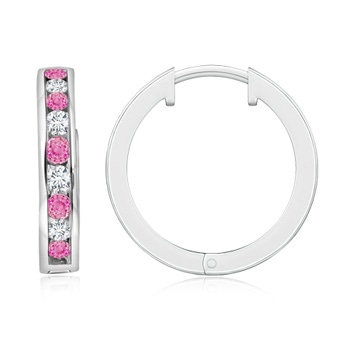 2mm AA Channel-Set Pink Sapphire and Diamond Hinged Hoop Earrings in White Gold 