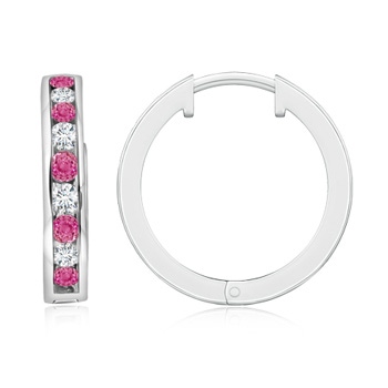 2mm AAA Channel-Set Pink Sapphire and Diamond Hinged Hoop Earrings in White Gold 