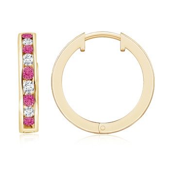 2mm AAA Channel-Set Pink Sapphire and Diamond Hinged Hoop Earrings in Yellow Gold 