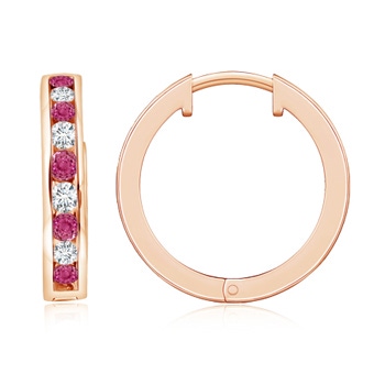 2mm AAAA Channel-Set Pink Sapphire and Diamond Hinged Hoop Earrings in Rose Gold 