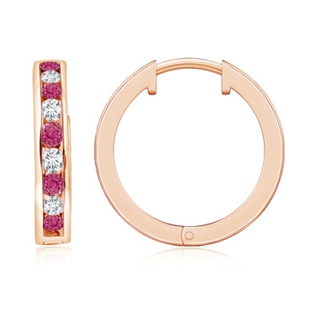 2mm AAAA Channel-Set Pink Sapphire and Diamond Hinged Hoop Earrings in Rose Gold