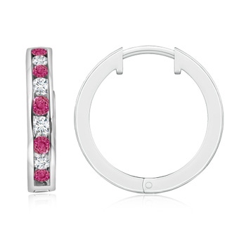 2mm AAAA Channel-Set Pink Sapphire and Diamond Hinged Hoop Earrings in White Gold
