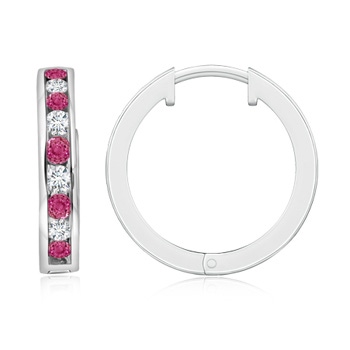 2mm AAAA Channel-Set Pink Sapphire and Diamond Hinged Hoop Earrings in White Gold 