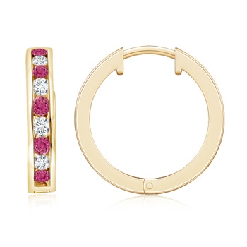 2mm AAAA Channel-Set Pink Sapphire and Diamond Hinged Hoop Earrings in Yellow Gold