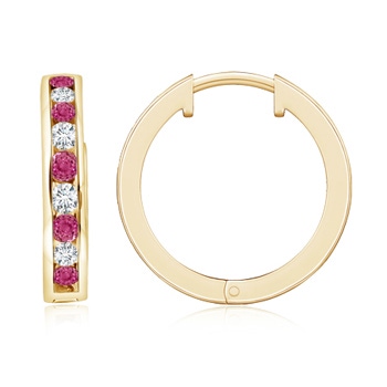 2mm AAAA Channel-Set Pink Sapphire and Diamond Hinged Hoop Earrings in Yellow Gold 