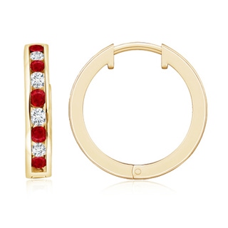 2mm AAA Channel-Set Ruby and Diamond Hinged Hoop Earrings in 9K Yellow Gold