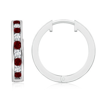2mm AAAA Channel-Set Ruby and Diamond Hinged Hoop Earrings in White Gold