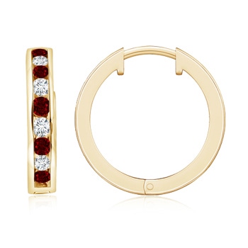 2mm AAAA Channel-Set Ruby and Diamond Hinged Hoop Earrings in Yellow Gold 