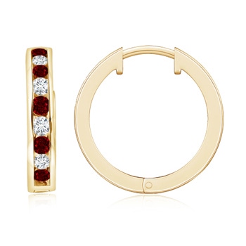 2mm AAAA Channel-Set Ruby and Diamond Hinged Hoop Earrings in Yellow Gold