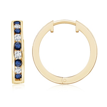 2mm AA Channel-Set Blue Sapphire and Diamond Hinged Hoop Earrings in 9K Yellow Gold 