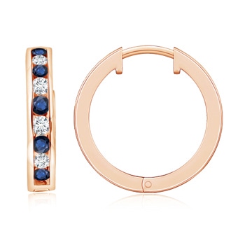 2mm AA Channel-Set Blue Sapphire and Diamond Hinged Hoop Earrings in Rose Gold 